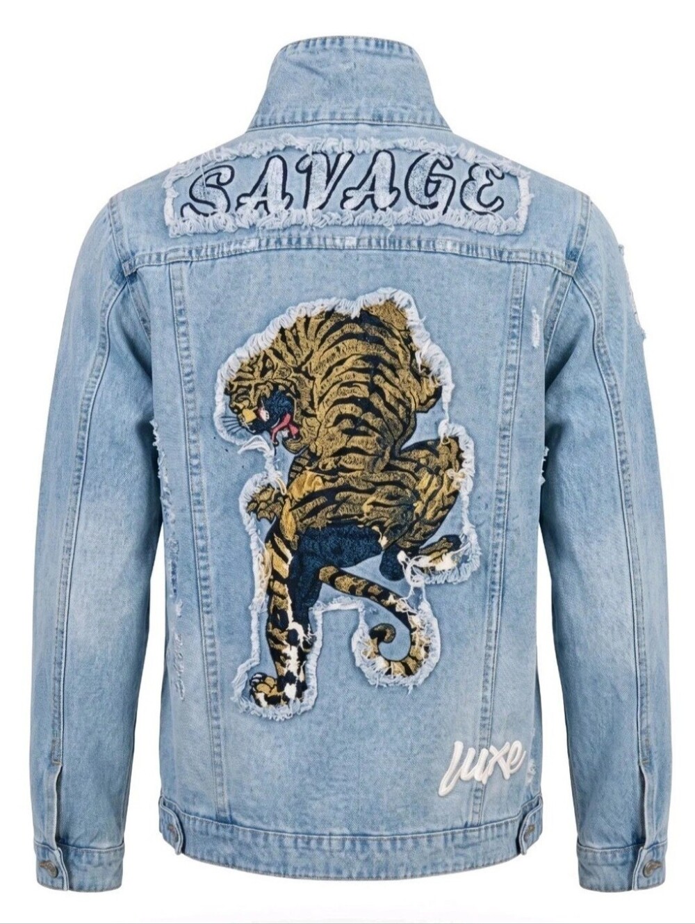 American Bazi Denim Jacket Mens Large Blue Painted Savage Tiger Streetwear